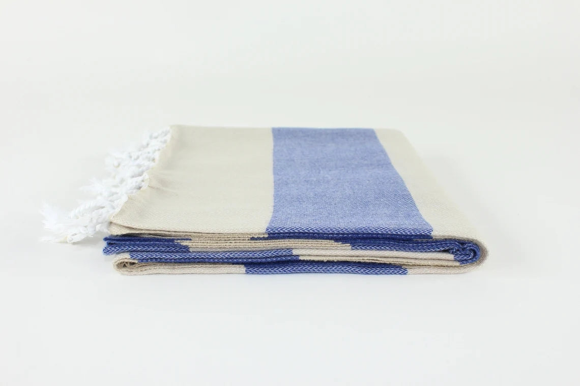 Premium Turkish Wide Stripe Towel Peshtemal Fouta (Beige & Navy Blue)