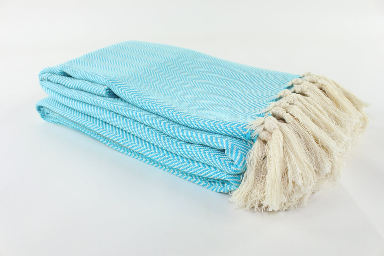 Premium Turkish Plain Herringbone Blanket Throw (Turquoise Blue)