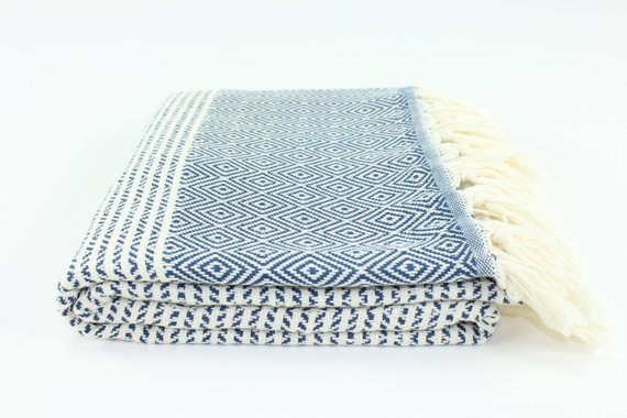 Premium Turkish Striped Diamond Towel Peshtemal Fouta (Dark Navy Blue)