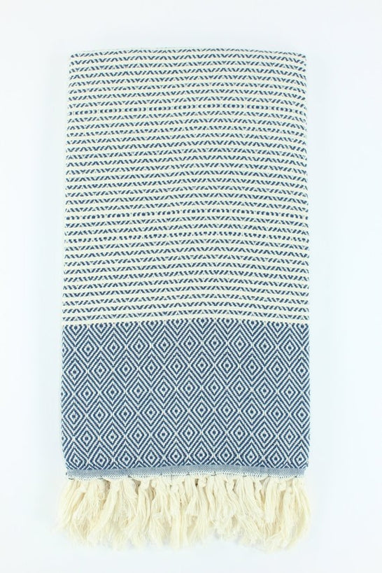 Premium Turkish Striped Diamond Towel Peshtemal Fouta (Dark Navy Blue)