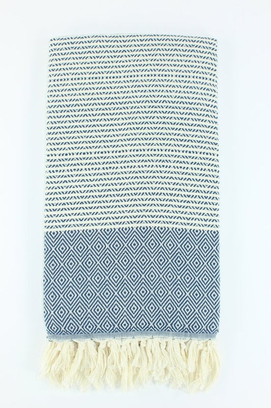 Premium Turkish Striped Diamond Towel Peshtemal Fouta (Dark Navy Blue)