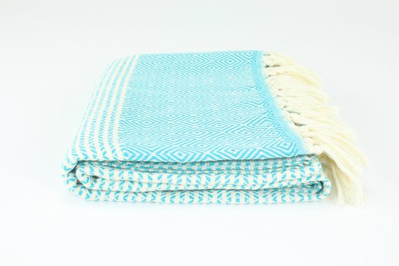 Premium Turkish Striped Diamond Towel Peshtemal Fouta (Turquoise Blue)