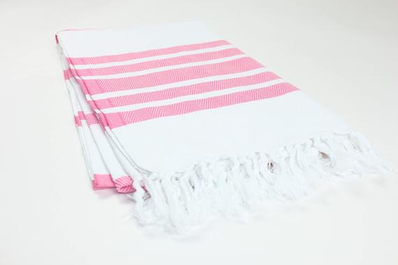 Premium Turkish Herringbone Striped Towel Peshtemal Fouta (White & Pink)