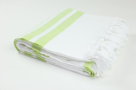 Premium Turkish Herringbone Striped Towel Peshtemal Fouta (White & Light Pistachio Green)