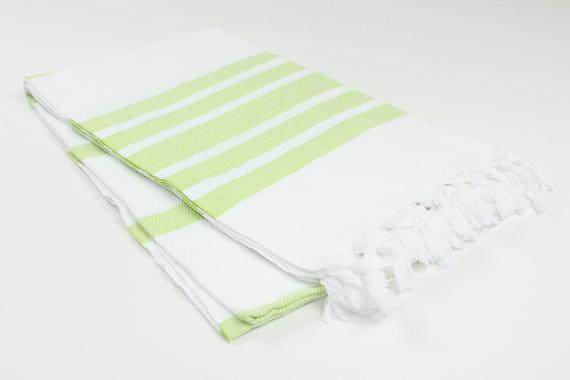 Premium Turkish Herringbone Striped Towel Peshtemal Fouta (White & Light Pistachio Green)