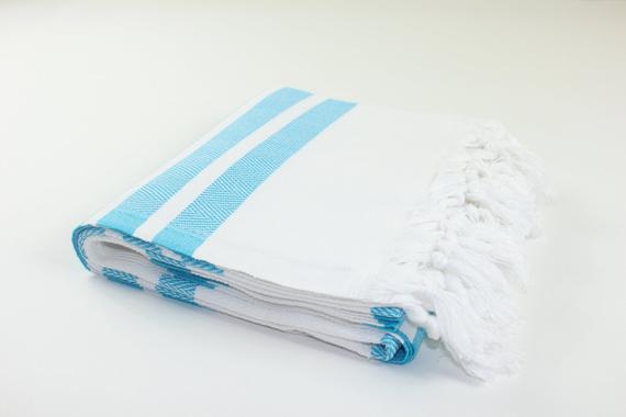 Premium Turkish Herringbone Striped Towel Peshtemal Fouta (White & Turquoise Blue)