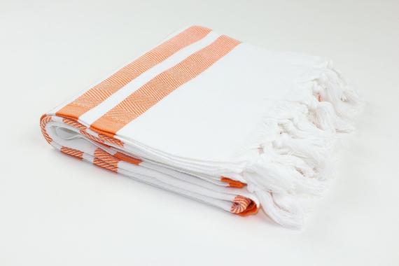 Premium Turkish Herringbone Striped Towel Peshtemal Fouta (White & Orange)