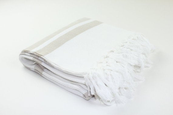 Premium Turkish Herringbone Striped Towel Peshtemal Fouta (White & Beige)