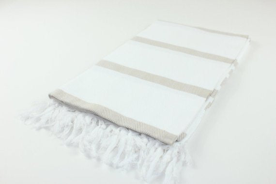 Premium Turkish Herringbone Striped Towel Peshtemal Fouta (White & Beige)
