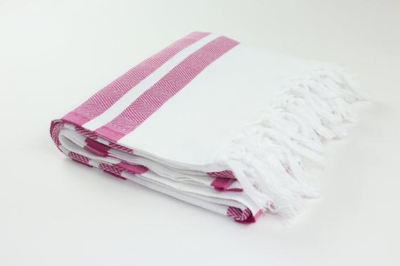 Premium Turkish Herringbone Striped Towel Peshtemal Fouta (White & Fuchsia)