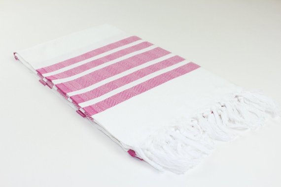Premium Turkish Herringbone Striped Towel Peshtemal Fouta (White & Fuchsia)