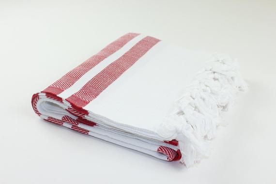 Premium Turkish Herringbone Striped Towel Peshtemal Fouta (White & Red)