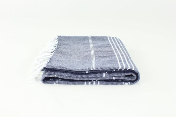 Premium Turkish Classic Striped Towel Peshtemal Fouta (Dark Navy Blue)
