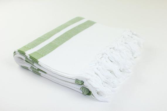 Premium Turkish Herringbone Striped Towel Peshtemal Fouta (White & Khaki Green)