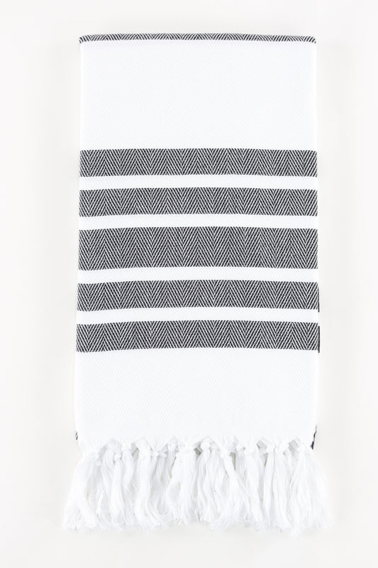 Premium Turkish Herringbone Striped Towel Peshtemal Fouta (White & Black)
