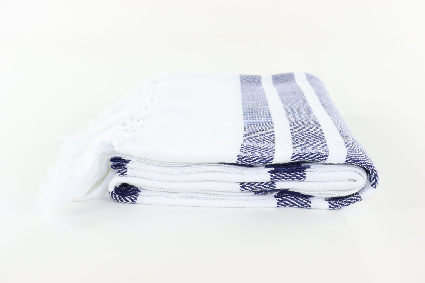 Premium Turkish Herringbone Striped Towel Peshtemal Fouta (White & Dark Navy Blue)