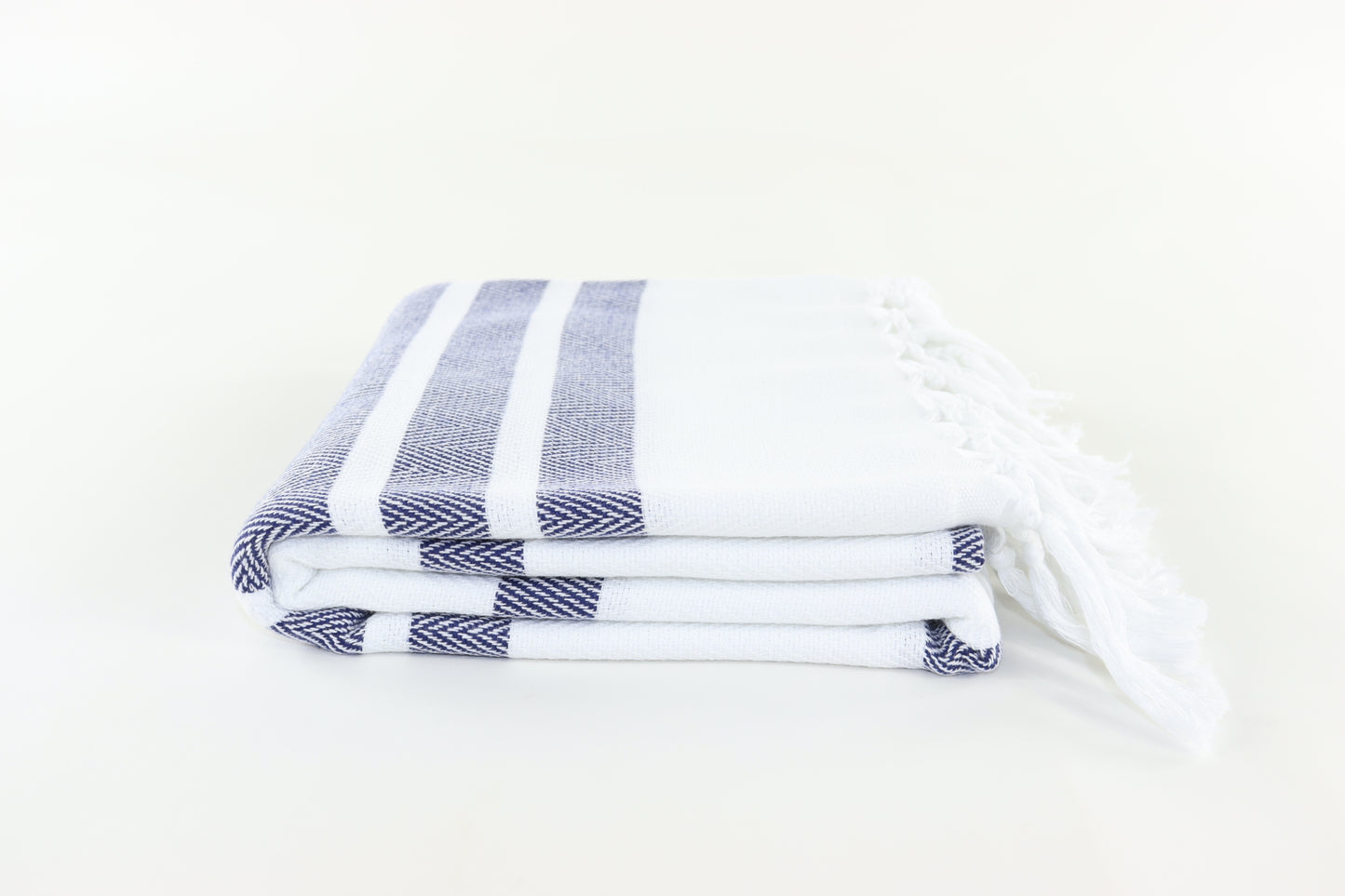 Premium Turkish Herringbone Striped Towel Peshtemal Fouta (White & Dark Navy Blue)