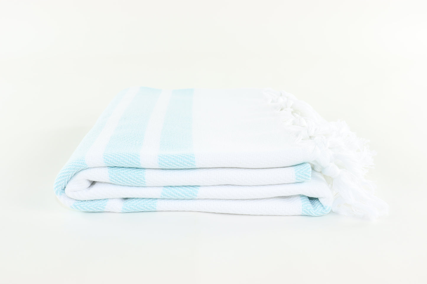 Premium Turkish Herringbone Striped Towel Peshtemal Fouta (White & Light Turquoise)