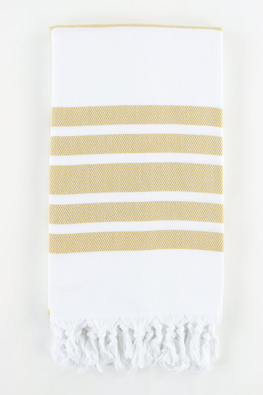 Premium Turkish Herringbone Striped Towel Peshtemal Fouta (White & Mustard)