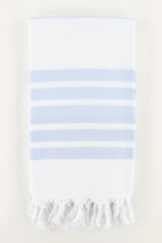 Premium Turkish Herringbone Striped Towel Peshtemal Fouta (White & Light Blue)