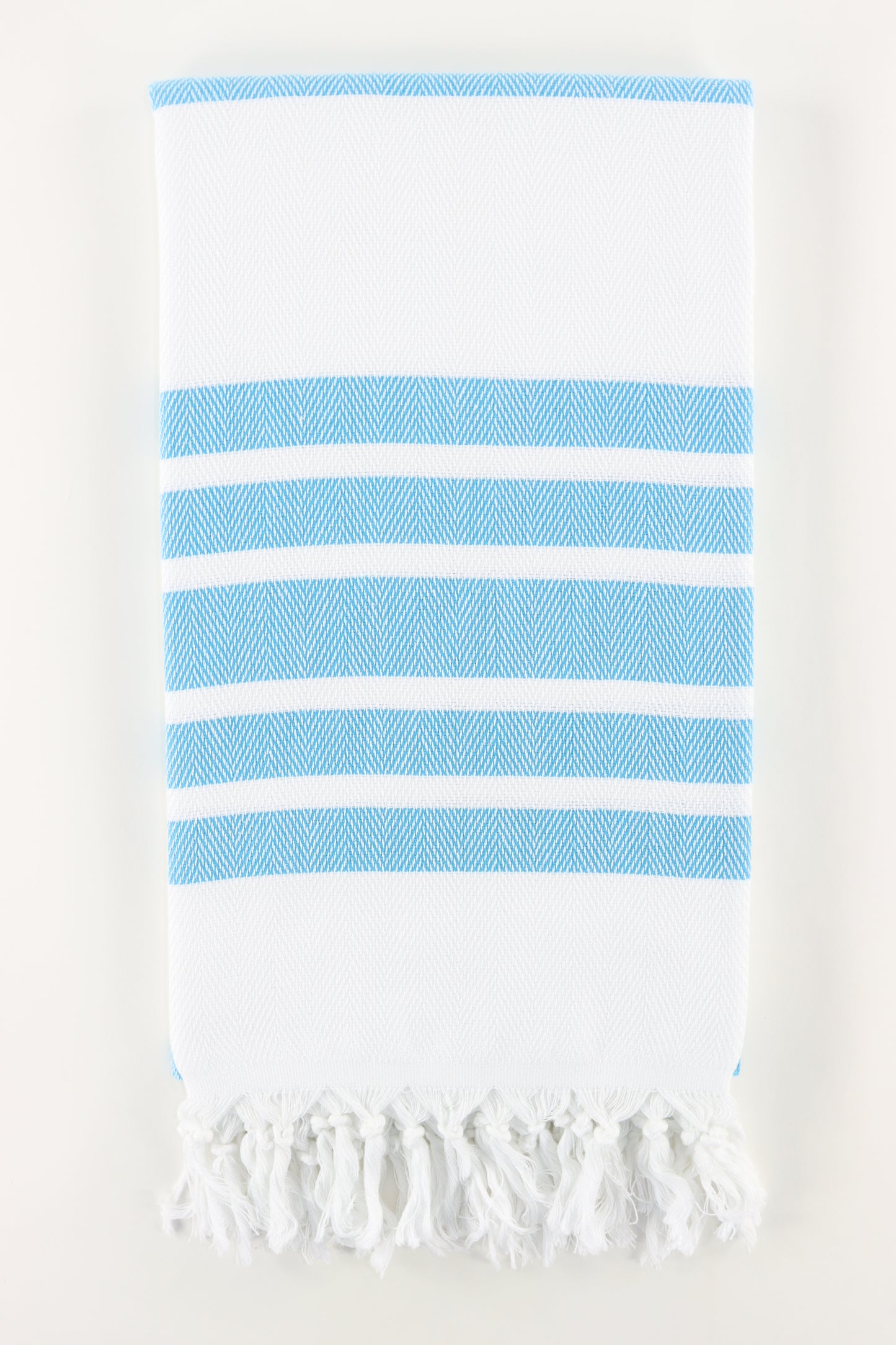 Premium Turkish Herringbone Striped Towel Peshtemal Fouta (White & Turquoise Blue)