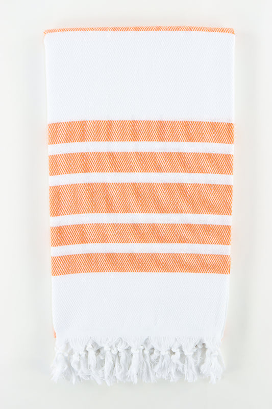 Premium Turkish Herringbone Striped Towel Peshtemal Fouta (White & Orange)