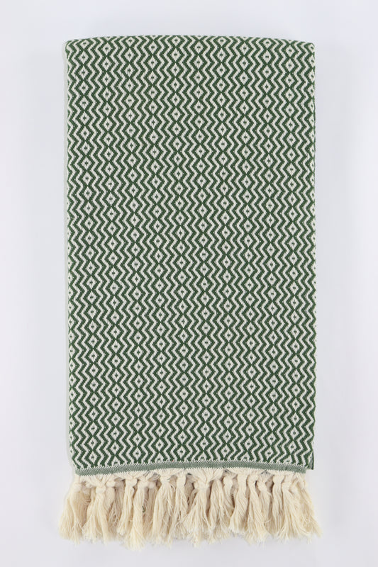Premium Turkish Plain ZigZag Diamond Towel Peshtemal Fouta (Dark Green)