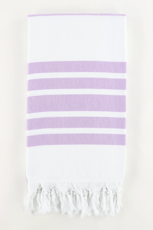 Premium Turkish Herringbone Striped Towel Peshtemal Fouta (White & Lilac)