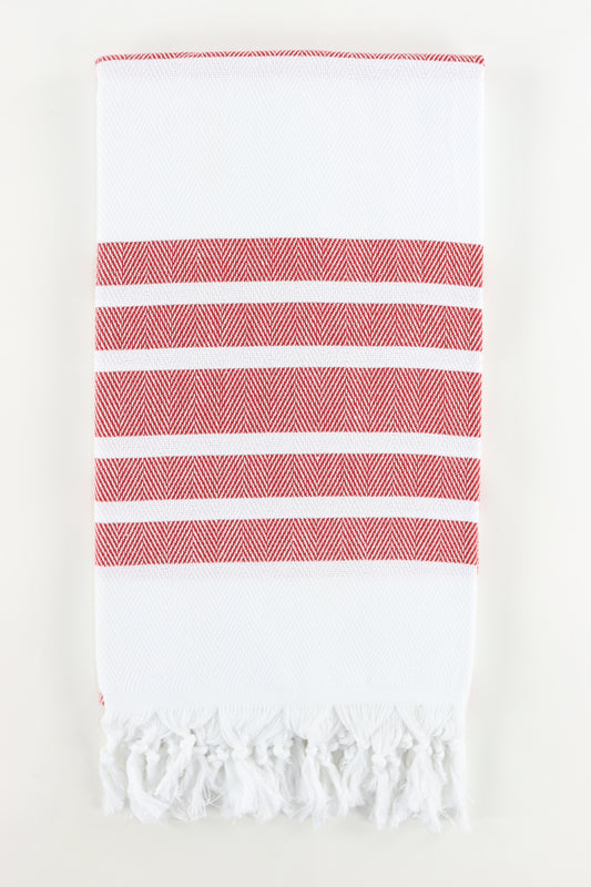 Premium Turkish Herringbone Striped Towel Peshtemal Fouta (White & Red)