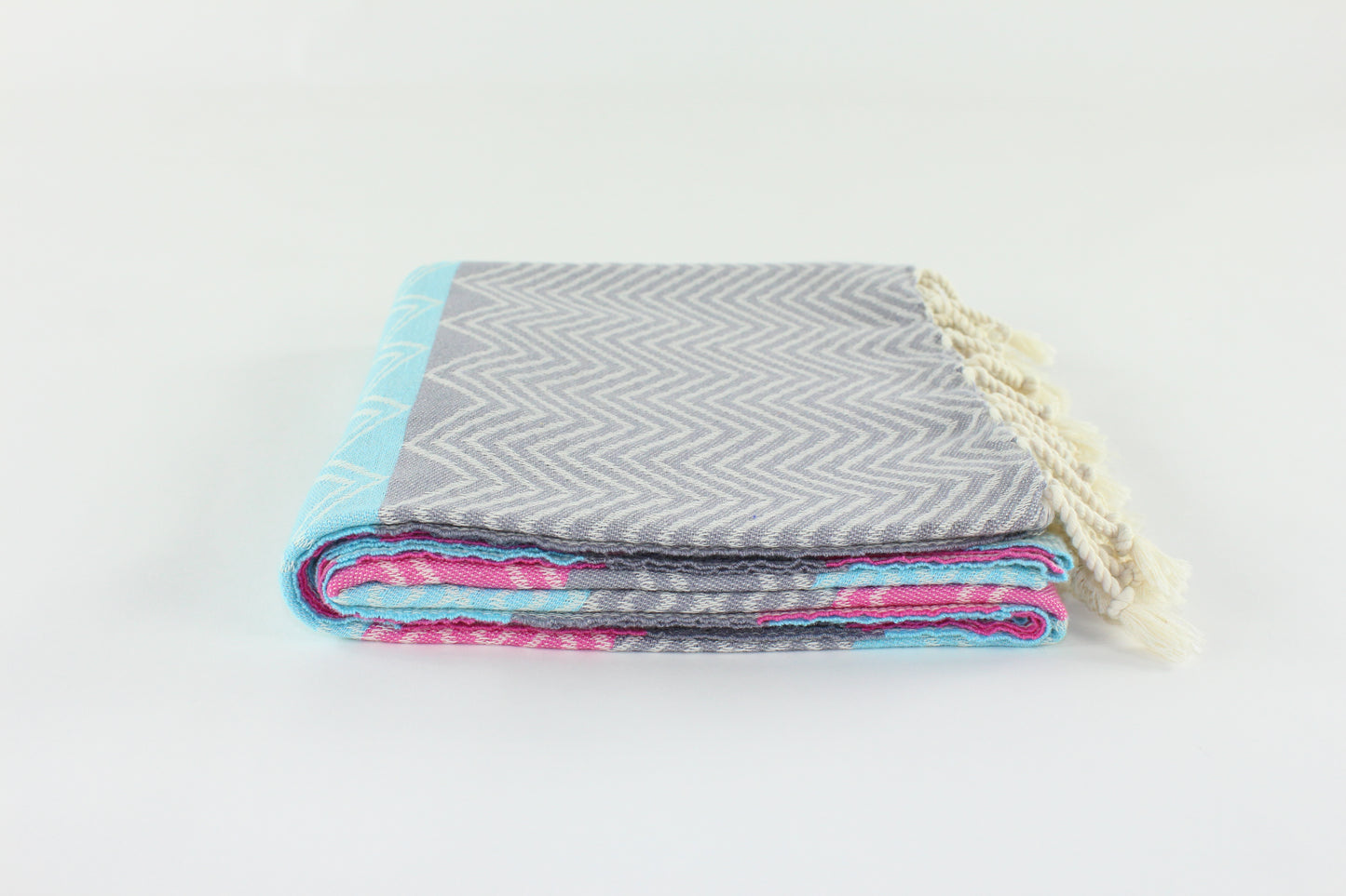 Premium Turkish Chevron Cascade Towel Peshtemal Fouta (Gray-Turquoise Blue-Pink)