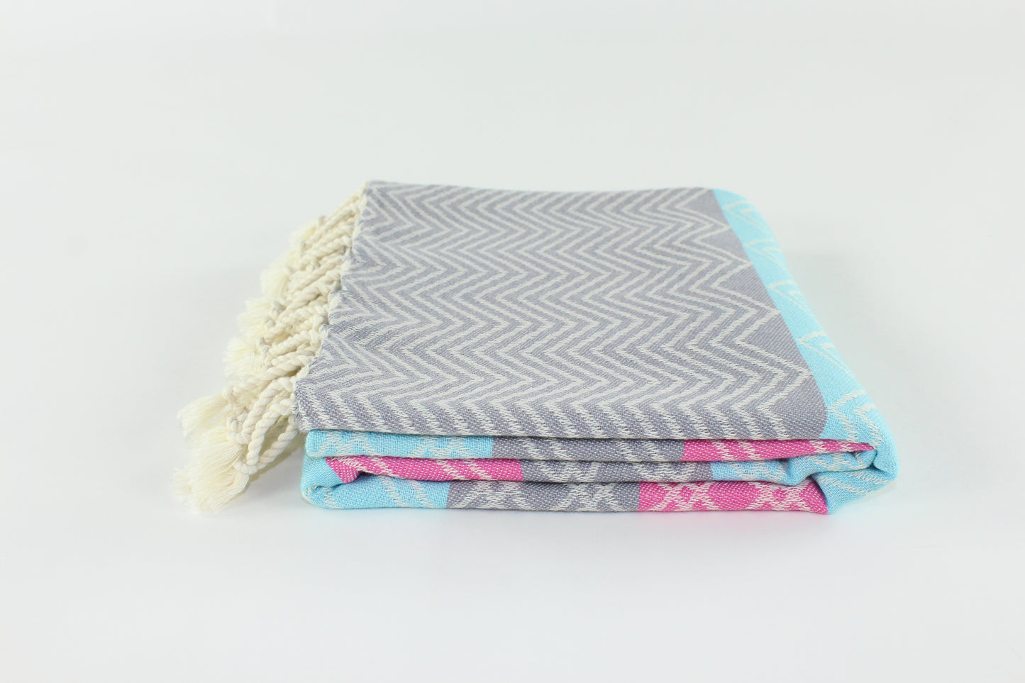 Premium Turkish Chevron Cascade Towel Peshtemal Fouta (Gray-Turquoise Blue-Pink)