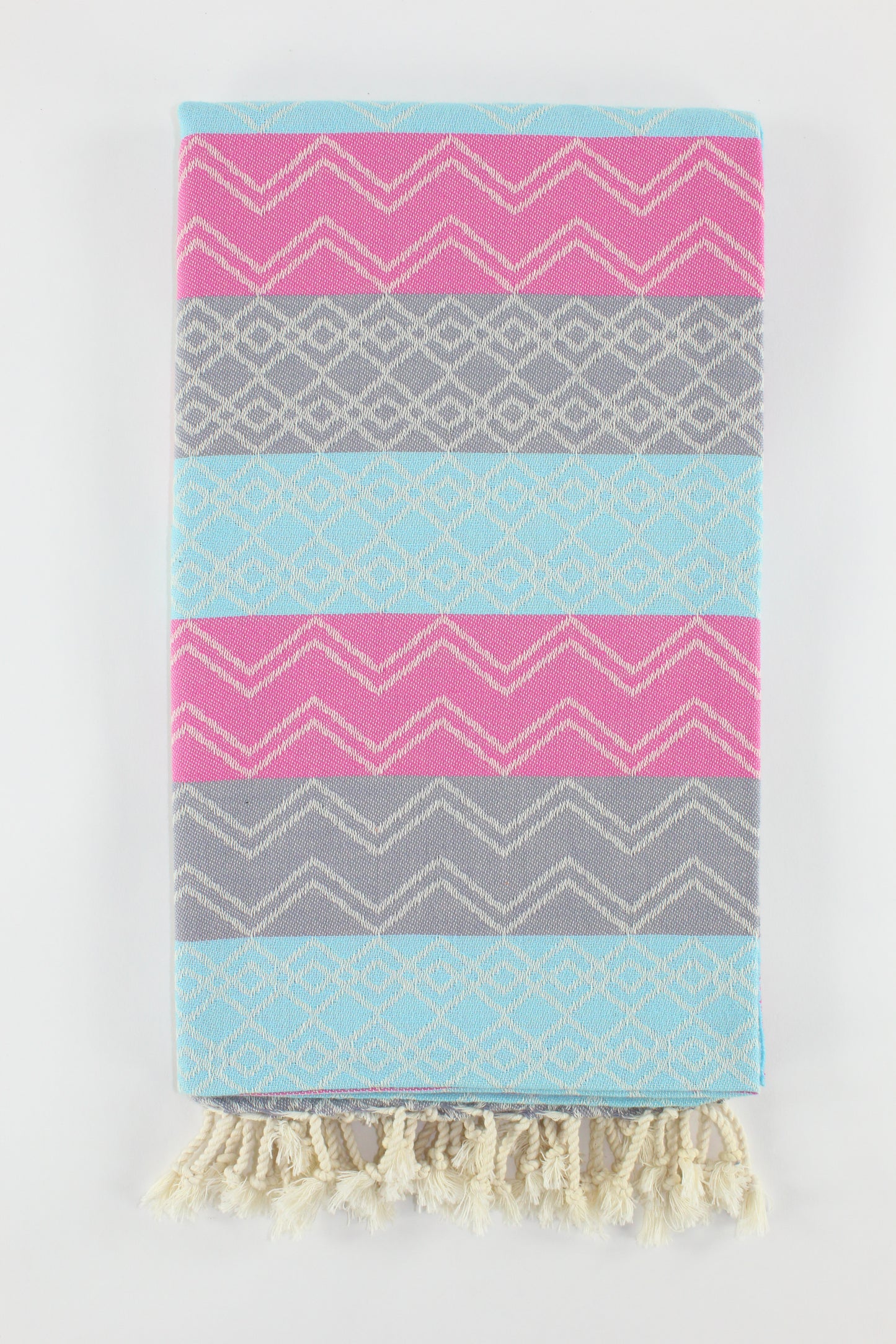 Premium Turkish Chevron Cascade Towel Peshtemal Fouta (Gray-Turquoise Blue-Pink)
