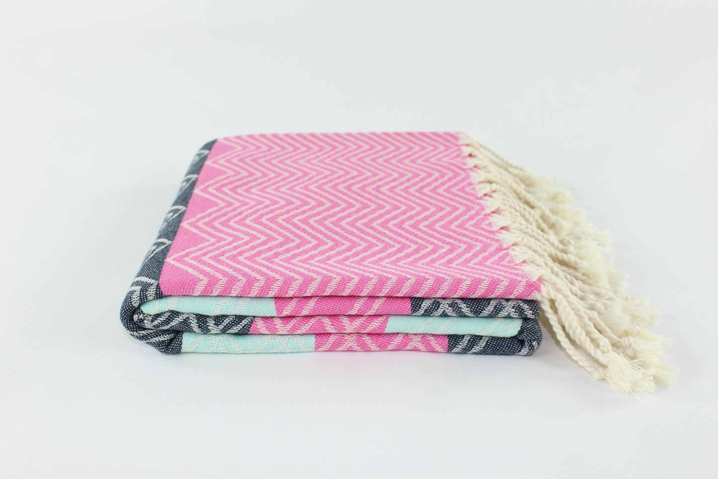 Premium Turkish Chevron Cascade Towel Peshtemal Fouta (Pink-Black-Light Turquoise)