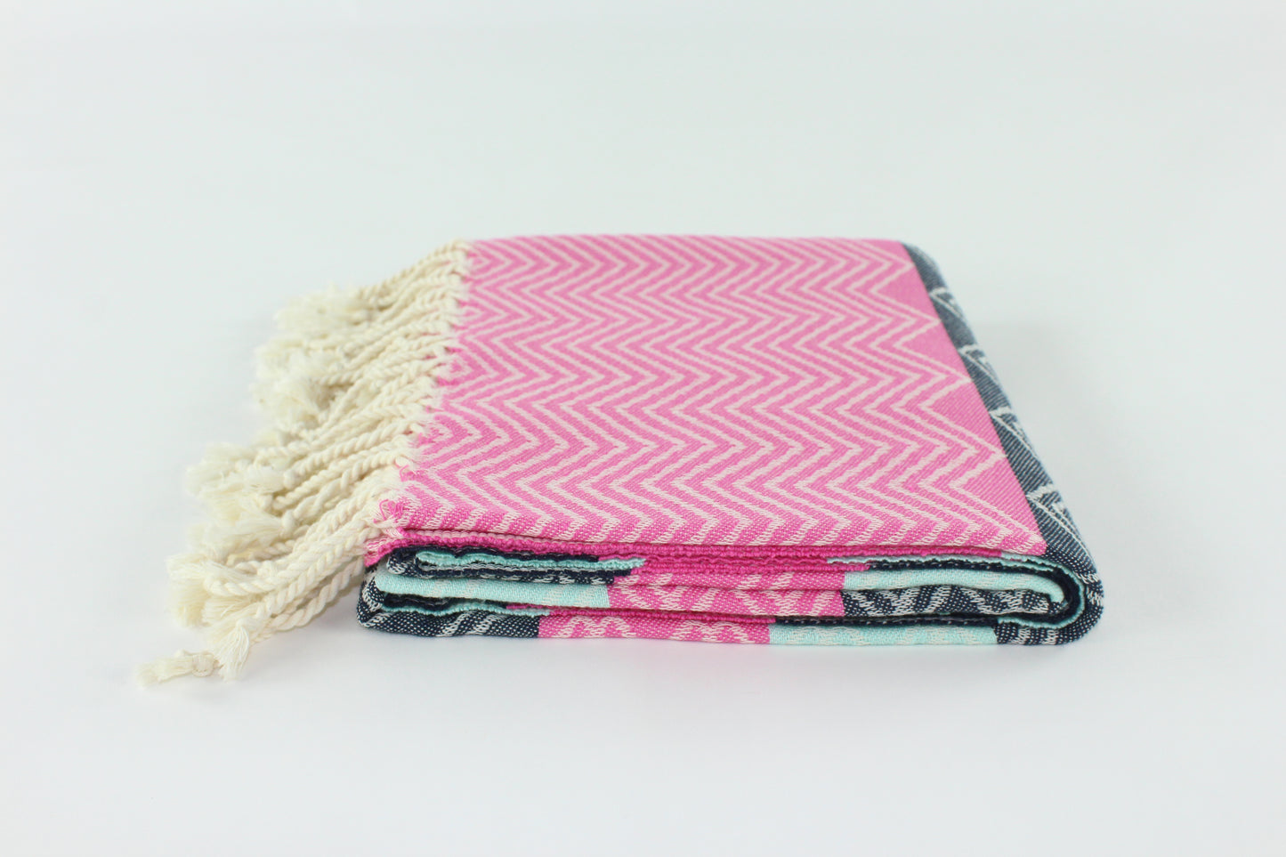 Premium Turkish Chevron Cascade Towel Peshtemal Fouta (Pink-Black-Light Turquoise)