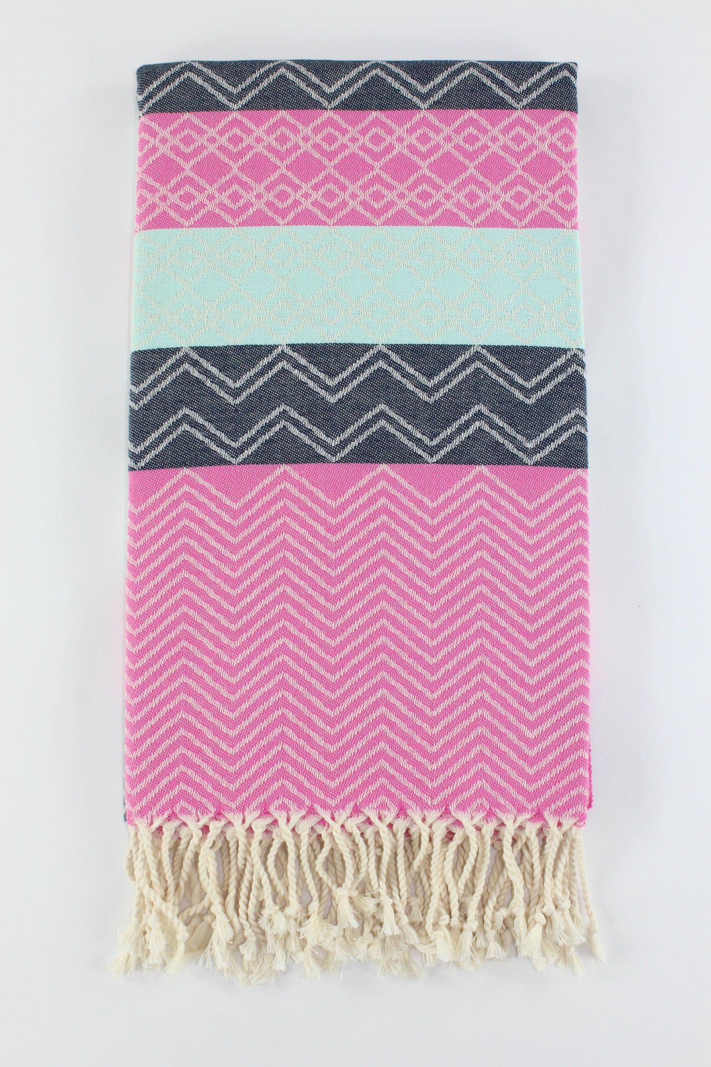 Premium Turkish Chevron Cascade Towel Peshtemal Fouta (Pink-Black-Light Turquoise)