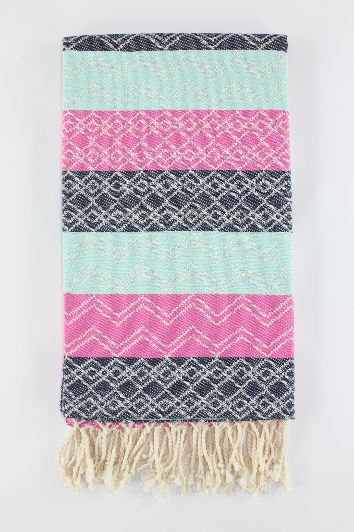 Premium Turkish Chevron Cascade Towel Peshtemal Fouta (Pink-Black-Light Turquoise)