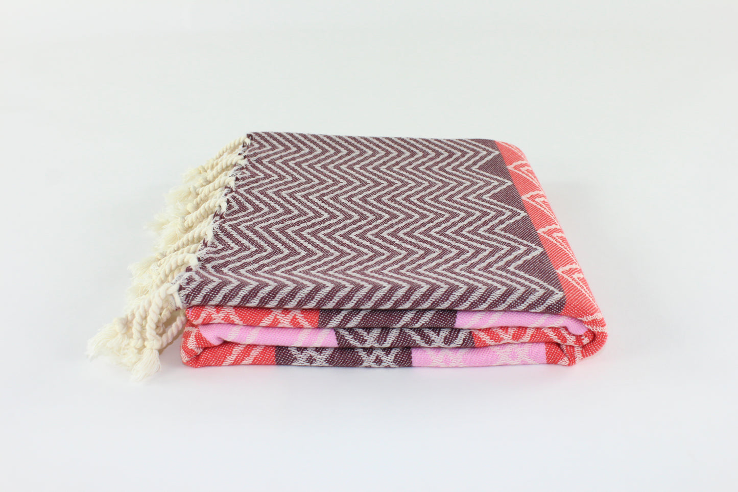Premium Turkish Chevron Cascade Towel Peshtemal Fouta (Brown-Red-Light Pink)