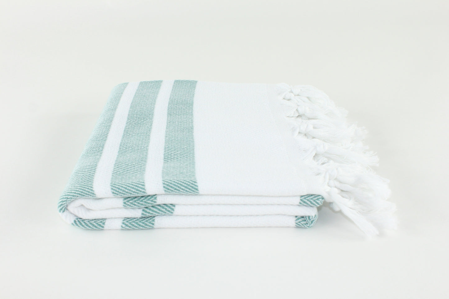Premium Turkish Herringbone Striped Towel Peshtemal Fouta (White & Eucalyptus)