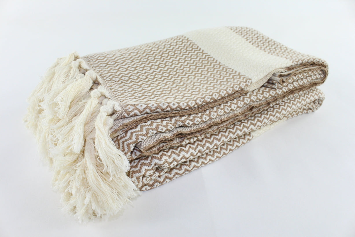 Premium Turkish ZigZag Diamond Blanket Throw (Light Brown)