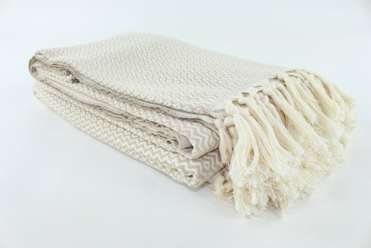 Premium Turkish Plain ZigZag Diamond Blanket Throw (Beige)