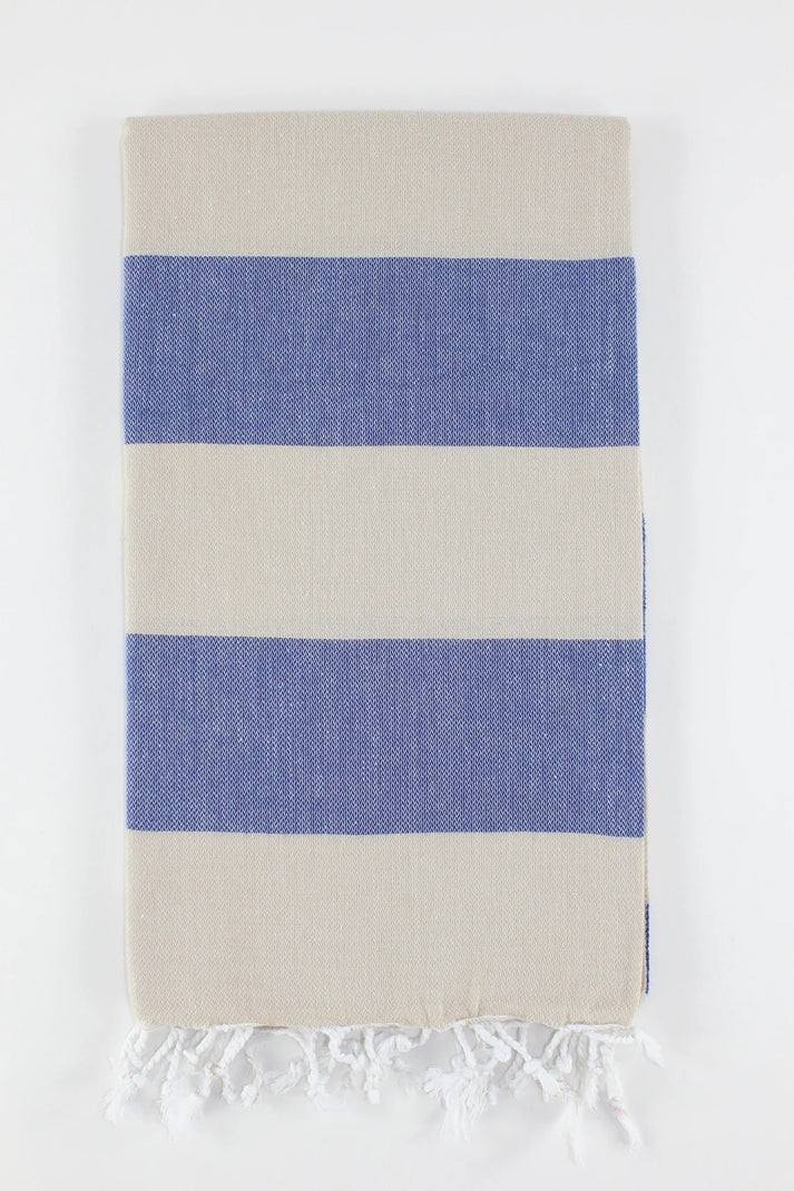 Premium Turkish Wide Stripe Towel Peshtemal Fouta (Beige & Navy Blue)