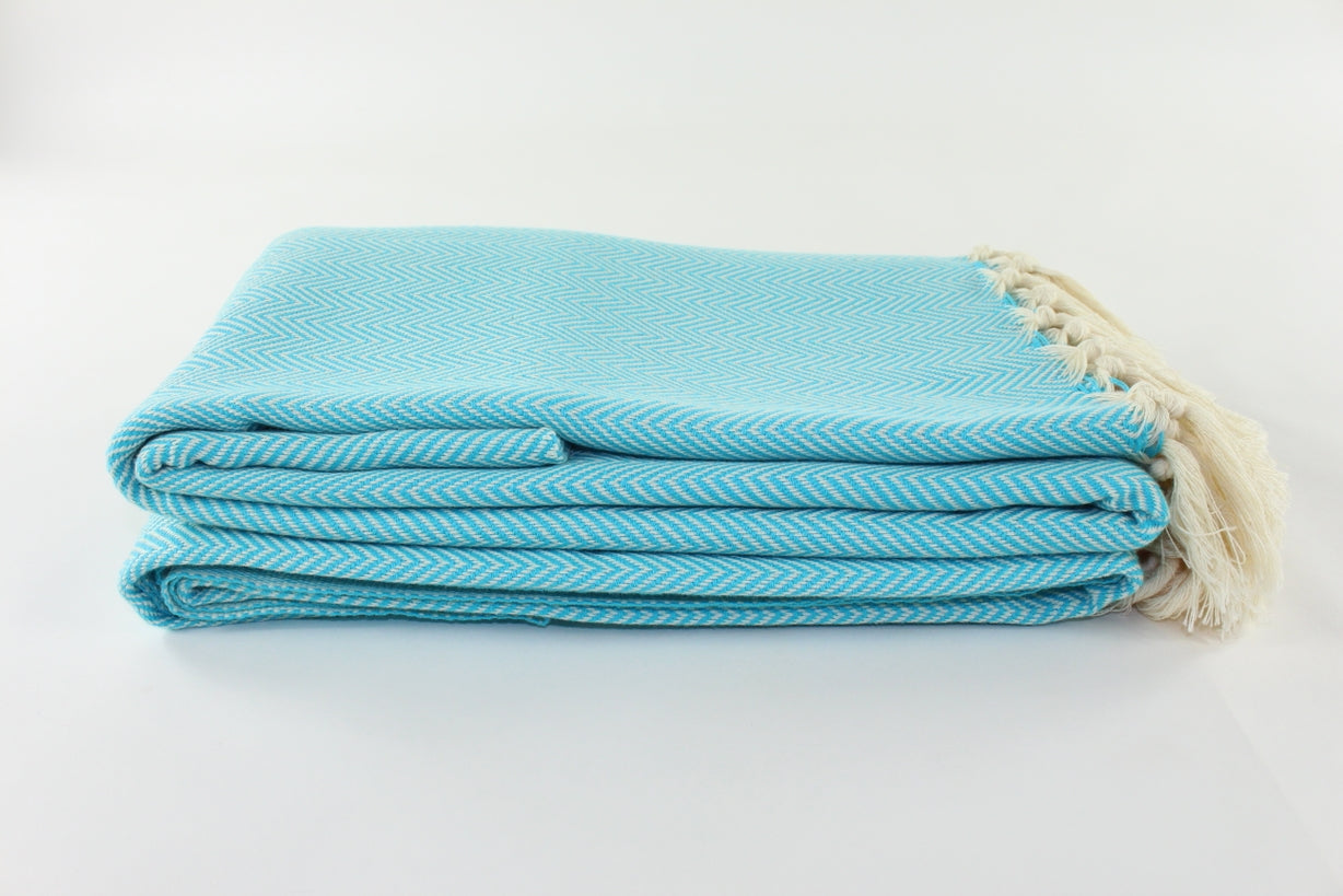 Premium Turkish Plain Herringbone Blanket Throw (Turquoise Blue)