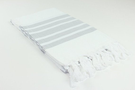 Premium Turkish Herringbone Striped Towel Peshtemal Fouta (White & Gray)