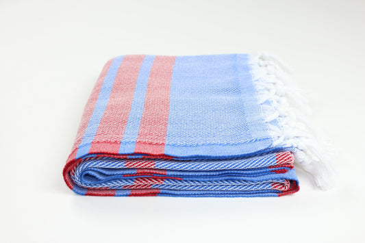 Premium Turkish Herringbone Striped Towel Peshtemal Fouta (Blue & Red)