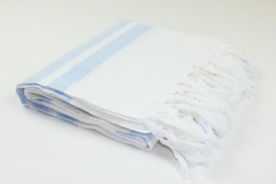 Premium Turkish Herringbone Striped Towel Peshtemal Fouta (White & Light Ice Blue)