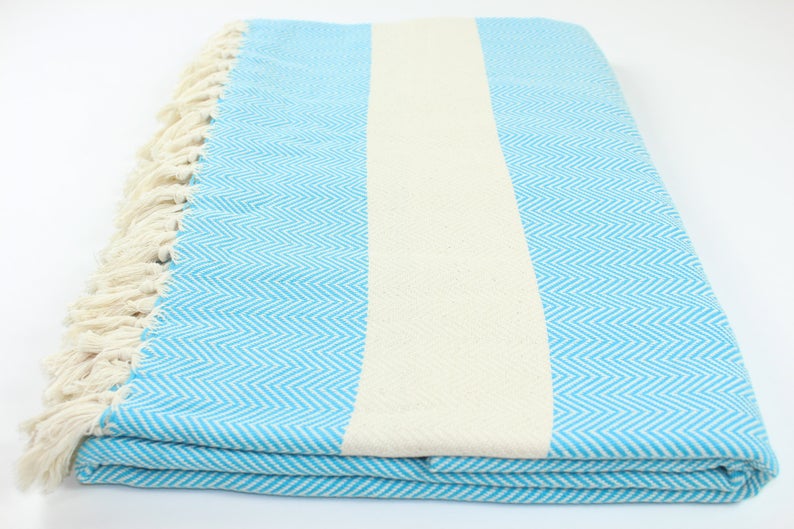 Premium Turkish Herringbone Blanket Throw (Turquoise Blue)
