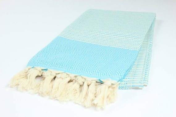 Premium Turkish Striped Diamond Towel Peshtemal Fouta (Turquoise Blue)