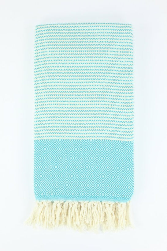 Premium Turkish Striped Diamond Towel Peshtemal Fouta (Turquoise Blue)