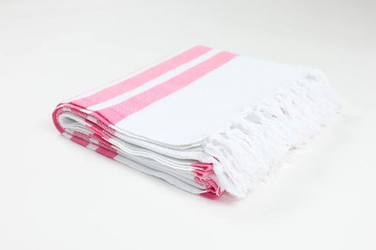 Premium Turkish Herringbone Striped Towel Peshtemal Fouta (White & Pink)