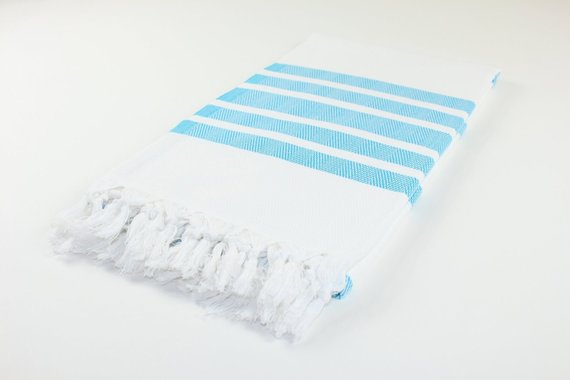 Premium Turkish Herringbone Striped Towel Peshtemal Fouta (White & Turquoise Blue)